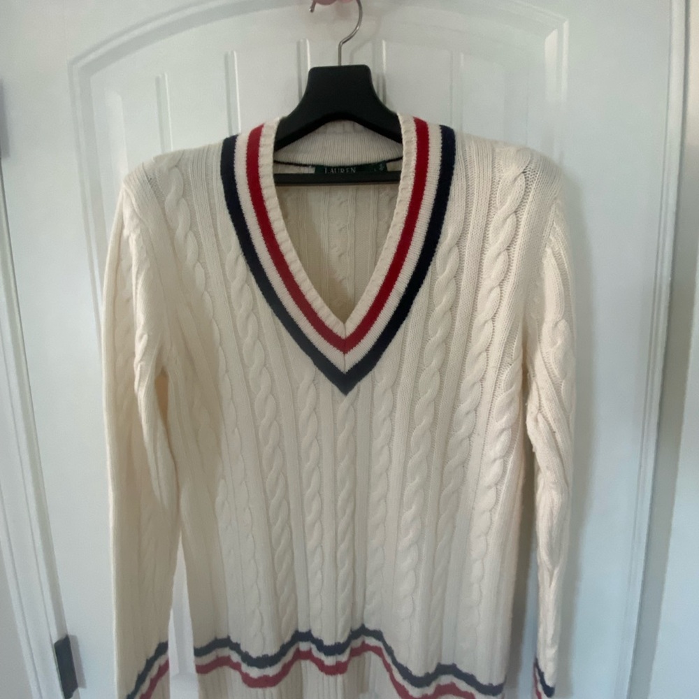 Ralph Lauren Cream Cable-Knit V-Neck Sweater with Red and Navy Trim